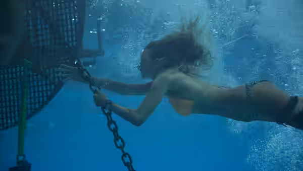 A woman swims underwater, gripping a chain beside a submerged metal structure