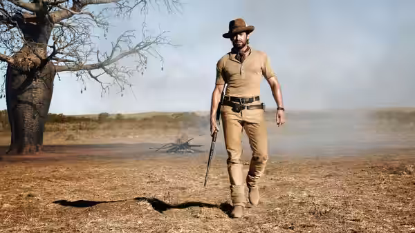 The Drover walks across a dry plain carrying a rifle