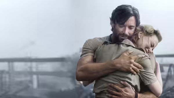 The Drover holds Lady Sarah Ashley in an embrace beside a misty river crossing