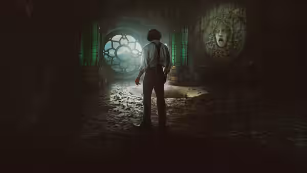 a lone figure standing in a ruined hall before a circular window