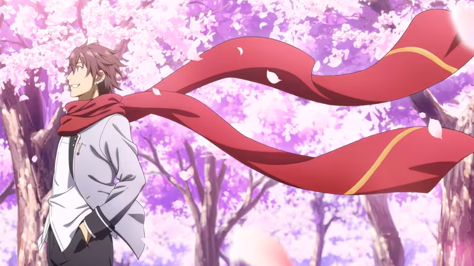 A young man walks beneath blossoming trees as his long red scarf streams behind him
