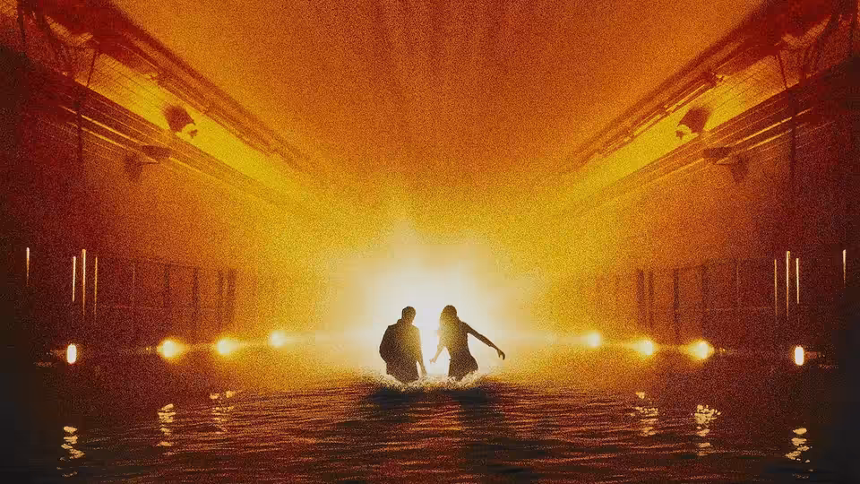 Two figures wade through floodwater toward a bright opening in a tunnel