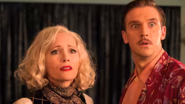 Elvira (Leslie Mann) and Charles Condomine (Dan Stevens) react with alarm