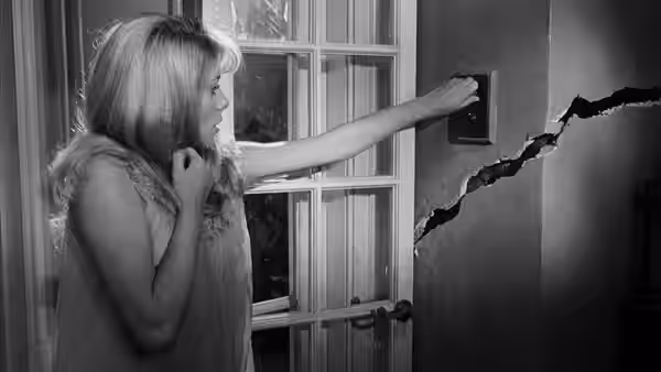 Carol Ledoux (Catherine Deneuve) holds a telephone receiver and reaches toward a cracked wall
