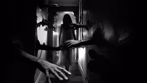 A shadowy figure reaches toward a woman in a dim corridor
