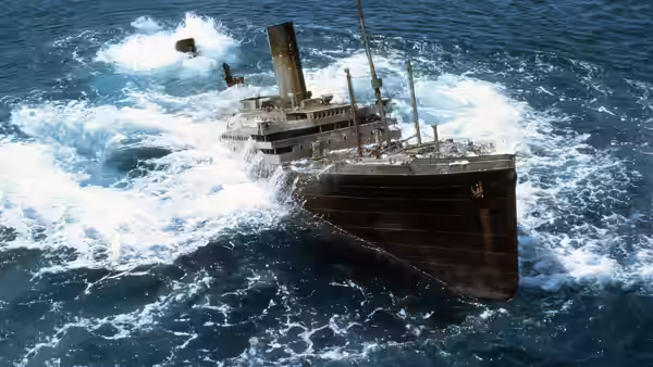 A passenger liner pitches through towering waves in a stormy sea