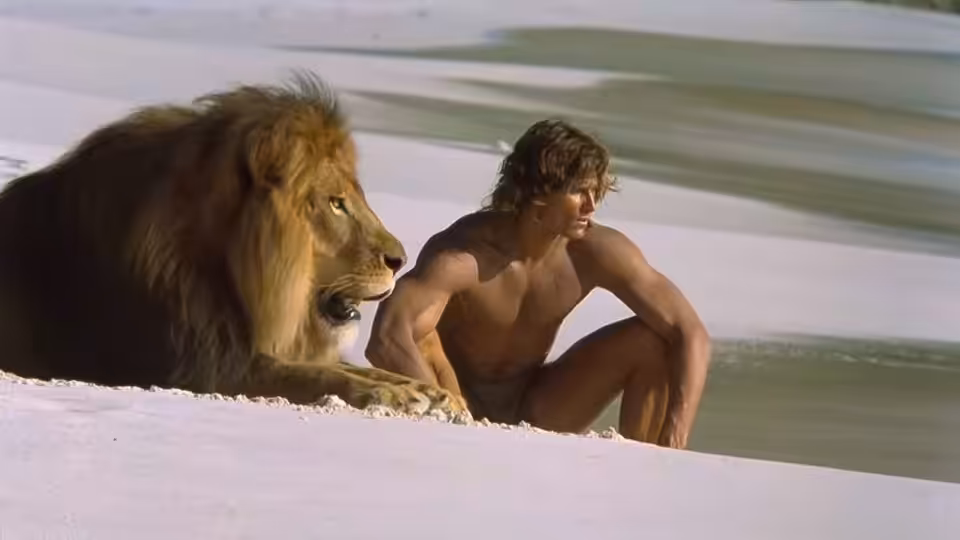 Tarzan (Miles O'Keeffe) crouches beside a lion on a sandy shore