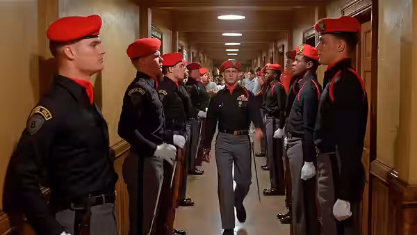 Cadet Major Brian Moreland (Timothy Hutton) walks between cadets standing at attention in a corridor