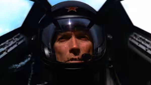 Mitchell Gant (Clint Eastwood) wears a flight helmet inside the cockpit