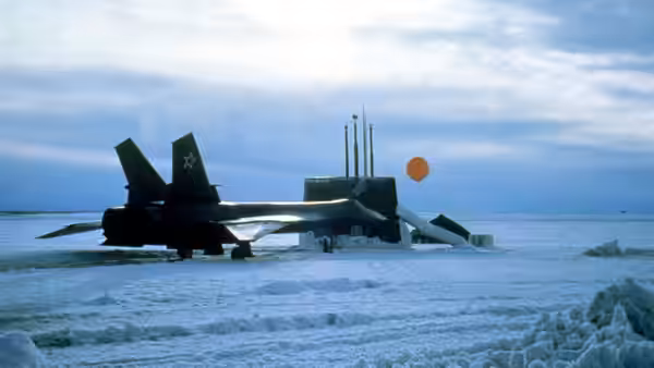 A Soviet fighter jet rests on an icy runway beneath a low Arctic sun