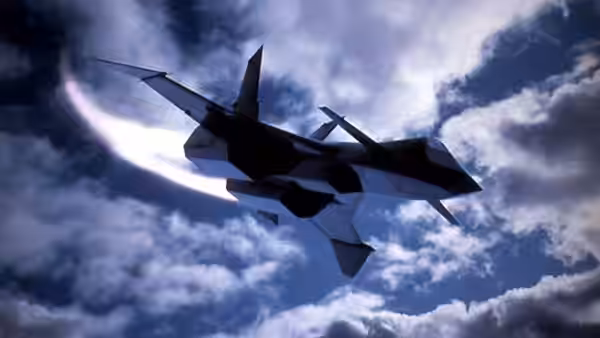 A Soviet fighter jet flies beneath dark clouds
