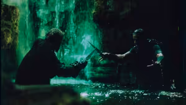 Two armed figures face off with swords in a green-lit pool