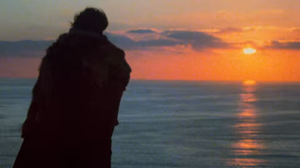A cloaked figure watches the sun set over the sea