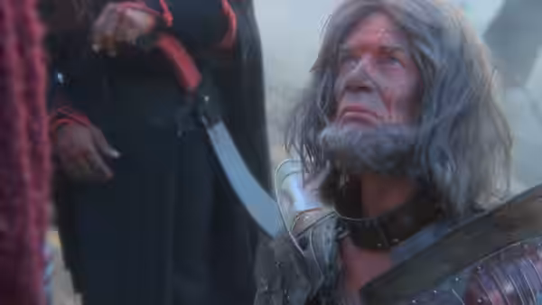 A long-haired, bearded man in armor looks upward beside a sword