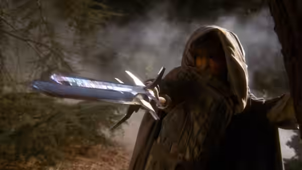 A hooded figure raises a three-bladed sword in a wooded clearing