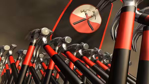 Rows of red-and-black-handled hammers rise beneath a crossed-tools emblem