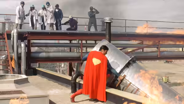 Superman (Christopher Reeve) braces a tilted metal structure beside flames as workers watch from above