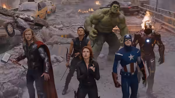Thor, Black Widow, Hulk, Captain America and Iron Man in ruined streets