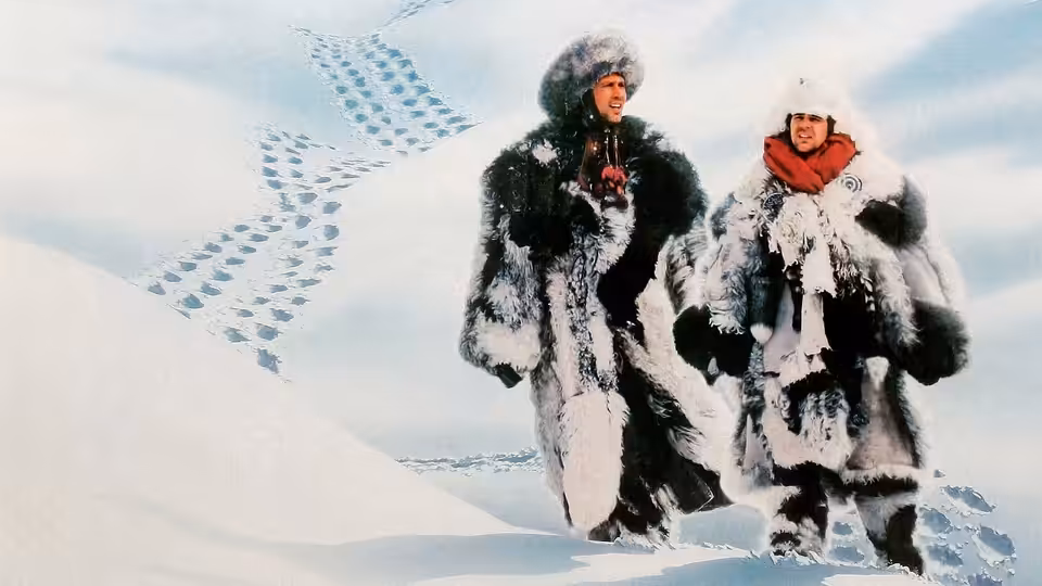 Emmett Fitz-Hume (Chevy Chase) and Austin Millbarge (Dan Aykroyd) trek across a snowy landscape in fur parkas