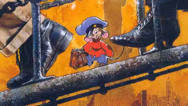 Fievel Mousekewitz (Phillip Glasser) carries a suitcase between towering human boots on a city street