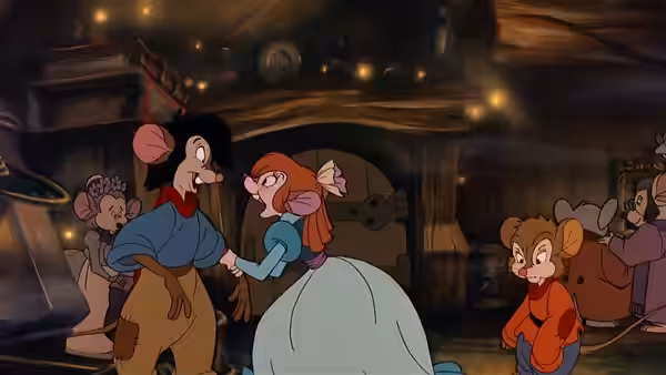 Tony Toponi (Pat Musick) dances with Bridget (Cathianne Blore) as mice watch in a crowded room