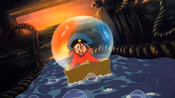 Fievel Mousekewitz (Phillip Glasser) rides a cardboard box across dark water inside a ship