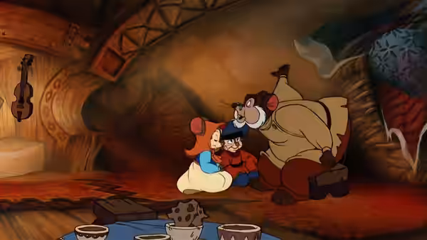 The Mousekewitz family huddles together inside their underground home