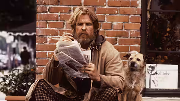 Jerry Baskin (Nick Nolte) reads a newspaper beside his dog against a brick wall