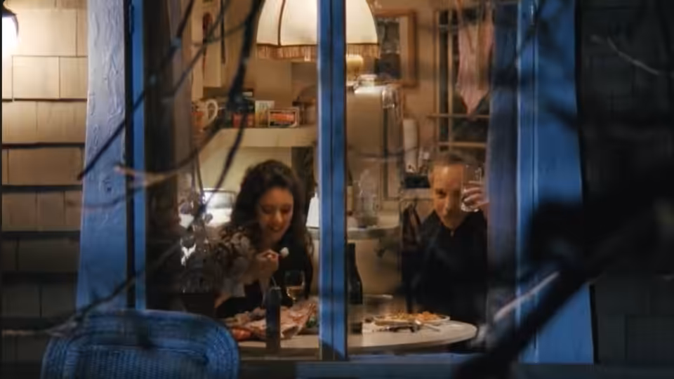 Chris Lecce (Richard Dreyfuss) and Maria McGuire (Madeleine Stowe) dine at a table, seen through a window