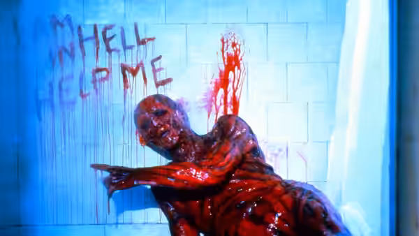 Frank Cotton (Sean Chapman) points beside HELP ME scrawled in blood on tiled walls