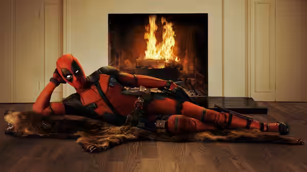 Deadpool (Ryan Reynolds) reclines on a fur rug before a lit fireplace