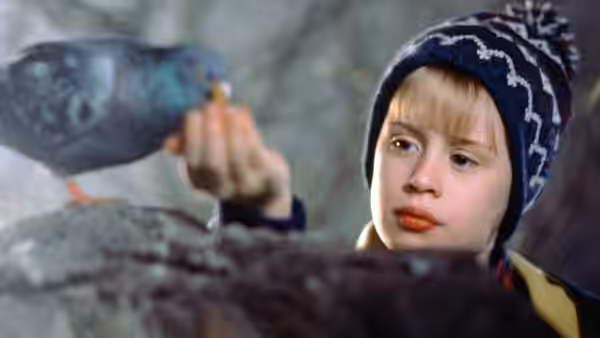 Kevin (Macaulay Culkin) offers a pigeon food in a park
