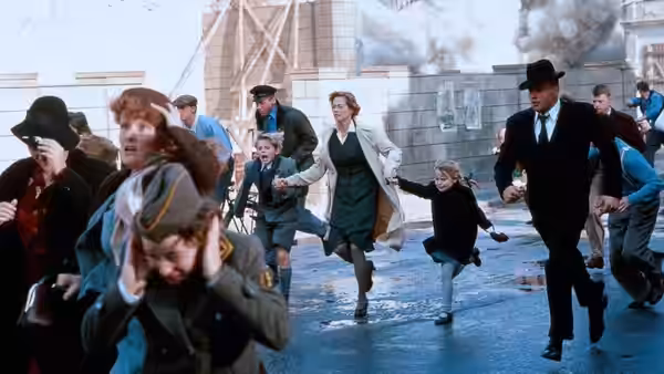 Ed Leland (Michael Douglas) and Linda Voss (Melanie Griffith) flee with civilians through a smoke-filled street