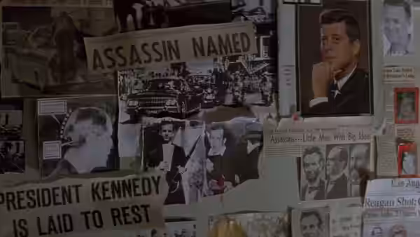 Newspaper clippings about presidential assassinations and a wall of suspect photographs