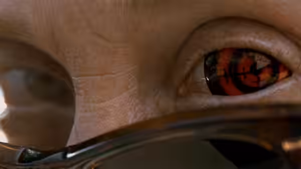 A close-up reveals a red-lit reflection in a man's eye above dark sunglasses