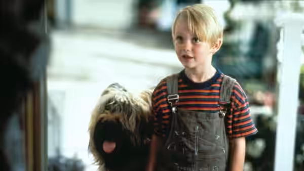Dennis Mitchell (Mason Gamble) stands beside his shaggy dog outside a house