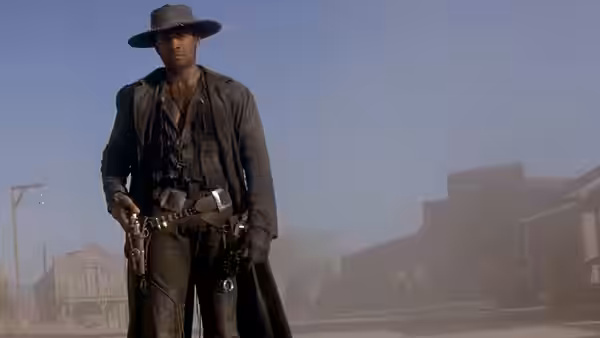 Jesse Lee (Mario Van Peebles) stands armed in a dusty Western town