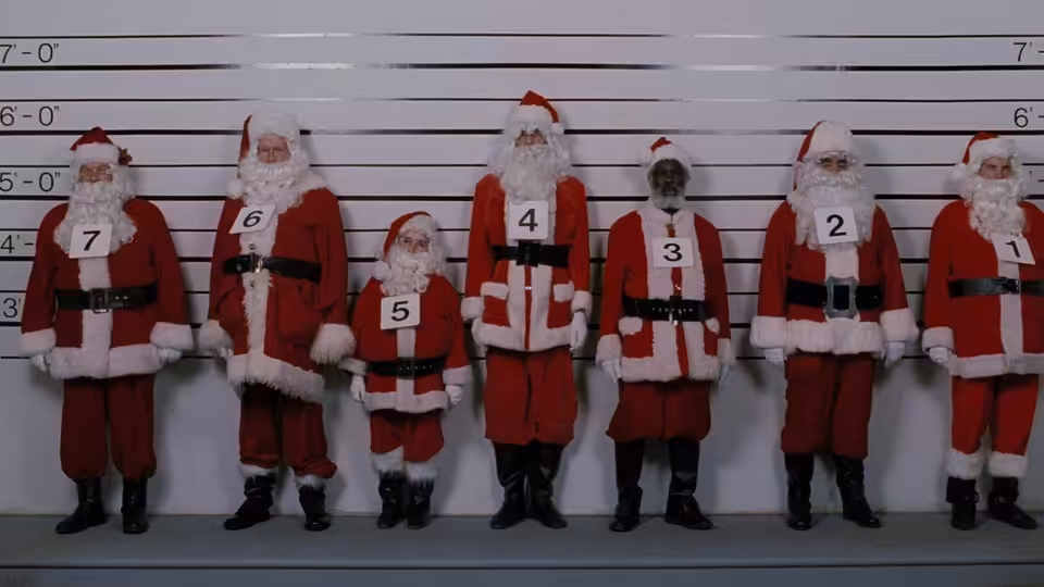 Men dressed as Santa Claus stand in a police lineup beneath height markings