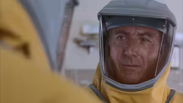 A man in a yellow protective suit looks toward someone nearby