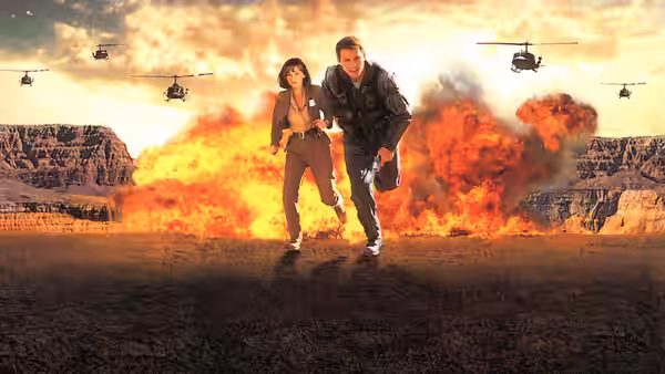 Riley Hale (Christian Slater) and Terry Carmichael (Samantha Mathis) flee as explosions erupt behind them
