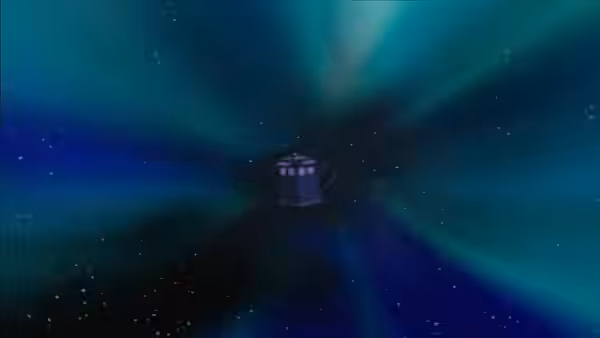 The TARDIS drifts through a star-filled expanse