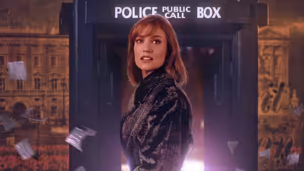 Dr. Grace Holloway stands beside the TARDIS in a city square