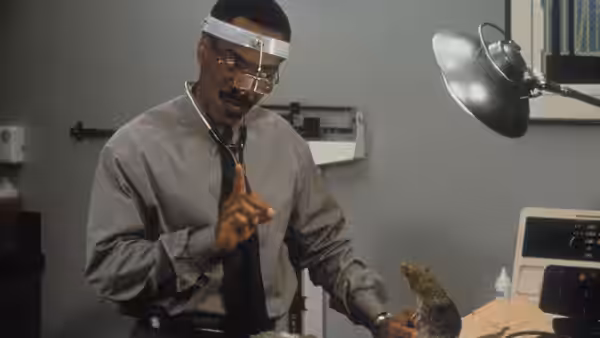 Dr. John Dolittle (Eddie Murphy) examines a small animal in a veterinary clinic
