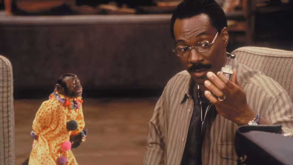 Dr. John Dolittle (Eddie Murphy) talks with a small monkey in colorful clothes