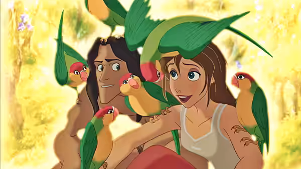 Jane Porter and Tarzan sit surrounded by colorful birds