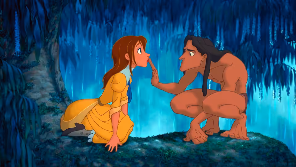 Tarzan reaches toward Jane Porter inside a glowing jungle grotto