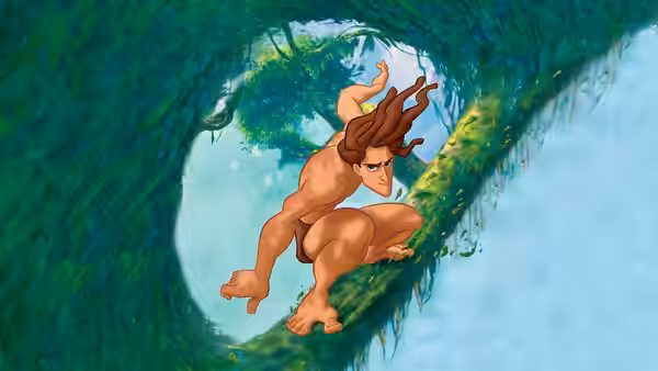 Tarzan leaps through a curved opening in the jungle canopy