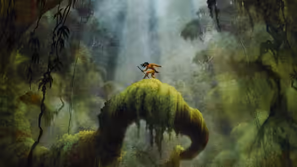 Tarzan runs across a moss-covered tree arch high above the jungle floor