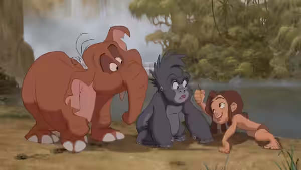 Young Tarzan crawls beside Terk and Tantor on a jungle riverbank