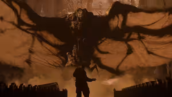 A lone man faces an enormous winged figure in a smoke-filled church